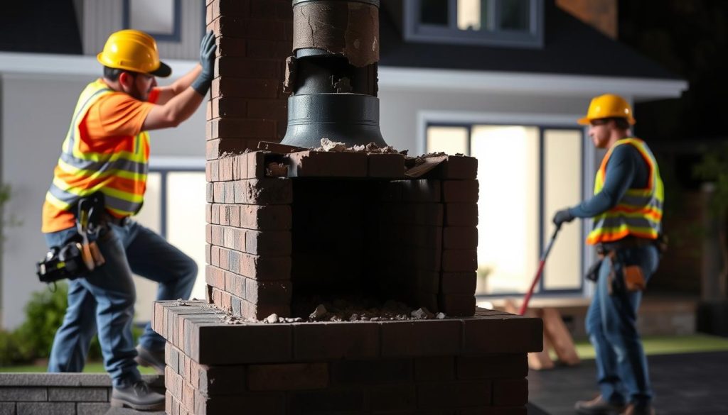 A well-lit, professional scene showcasing the removal of a brick chimney. In the foreground, two skilled workers in safety gear carefully dismantle the structure, brick by brick. The middle ground features the partially dismantled chimney, exposing the internal flue. In the background, a modern residential home stands, indicating the context of this home improvement project. The lighting is soft and even, highlighting the intricate process with a sense of care and expertise. The overall atmosphere conveys the benefits of employing qualified professionals for this delicate task, ensuring a safe and thorough chimney removal.