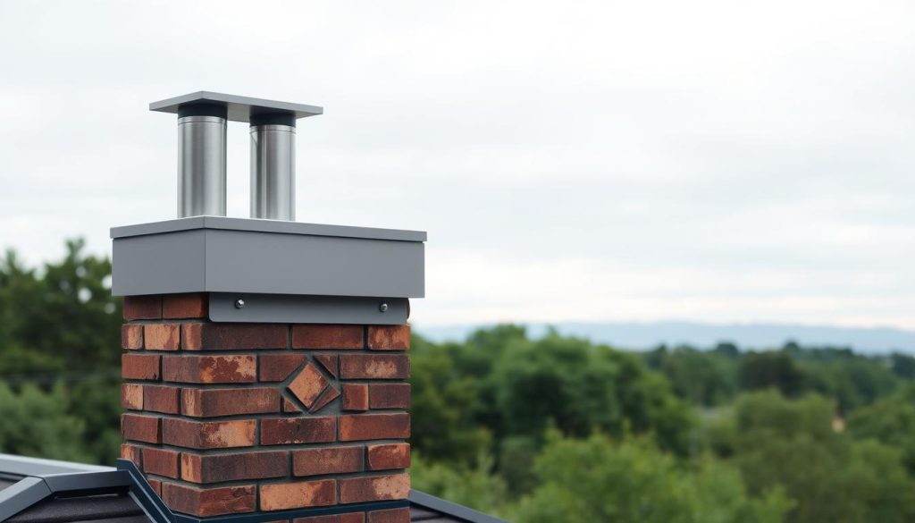 A well-lit, wide-angle view of a modern, minimalist alternative to a traditional brick chimney. In the foreground, a sleek, streamlined structure with clean lines and a smooth, metallic finish, acting as a discreet and visually appealing replacement for a bulky, outdated flue. The middle ground features a serene, natural setting with lush greenery and a calming, overcast sky, providing a harmonious backdrop. The composition highlights the seamless integration of this innovative chimney alternative into the surrounding environment, showcasing its functional and aesthetic advantages over a conventional design. Soft, diffused lighting accentuates the high-quality materials and precise engineering, creating an image that conveys the sophistication and practicality of this cutting-edge schoorsteen solution.