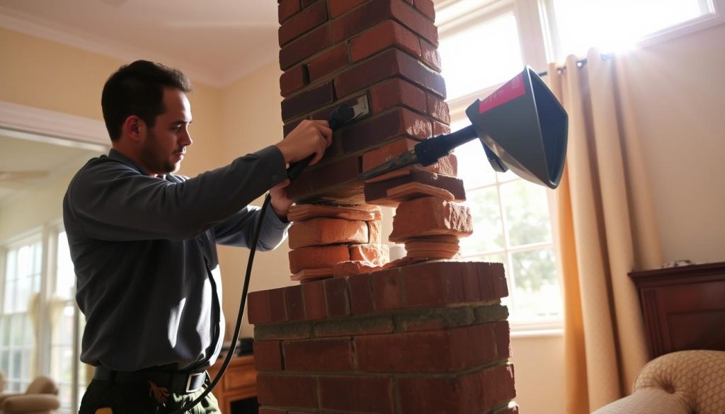 A well-maintained, professional chimney removal service. A neatly uniformed technician methodically disassembling a brick chimney stack, using specialized tools and equipment. Sunlight filtering through a window in the background, casting warm shadows and highlights on the scene. The room has a cozy, domestic atmosphere, hinting at the home's improved aesthetics and safety after the chimney's removal. The overall mood is one of efficiency, care, and attention to detail in the chimney removal process.