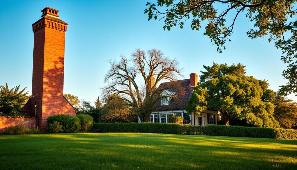 A well-maintained, sturdy brick chimney stands proudly against a clear blue sky, its intricate masonry and ornamental detailing casting intriguing shadows. The foreground is dominated by a lush, verdant lawn, dotted with vibrant wildflowers and a neatly trimmed hedgerow. In the middle ground, a cozy, traditional Dutch-style home nestles among mature trees, their branches swaying gently in a light breeze. The scene is bathed in warm, golden afternoon light, creating a sense of tranquility and timelessness. The overall composition conveys a harmonious balance between the natural and the architectural, suggesting a seamless integration of the home and its surroundings.