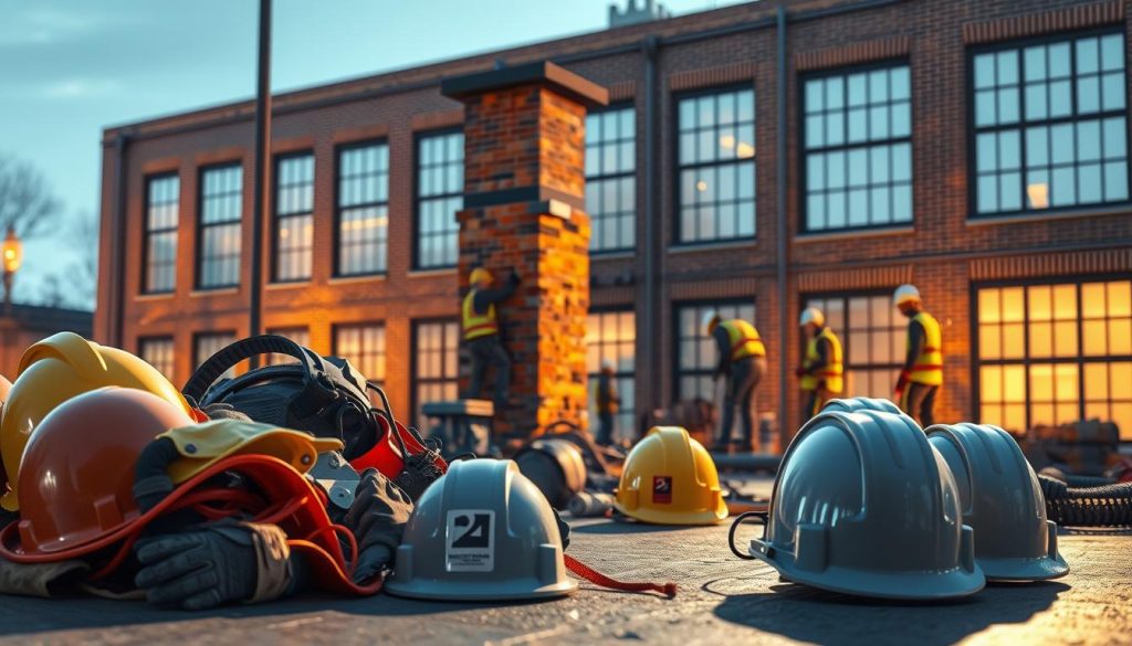 Detailed rendering of safety protocols for chimney removal, showcasing a well-lit, industrial setting. In the foreground, a collection of safety gear and protective equipment, including hard hats, gloves, and safety harnesses, is neatly arranged. The middle ground features a partially disassembled chimney, with workers in protective gear carefully dismantling the structure. In the background, a brick building with large windows provides a sense of scale and context. The lighting is a combination of natural daylight and warm, artificial illumination, casting long shadows and highlighting the technical aspects of the scene. The overall mood is one of meticulous attention to safety and a methodical approach to the task at hand. Detailed rendering of safety protocols for chimney removal, showcasing a well-lit, industrial setting. In the foreground, a collection of safety gear and protective equipment, including hard hats, gloves, and safety harnesses, is neatly arranged. The middle ground features a partially disassembled chimney, with workers in protective gear carefully dismantling the structure. In the background, a brick building with large windows provides a sense of scale and context. The lighting is a combination of natural daylight and warm, artificial illumination, casting long shadows and highlighting the technical aspects of the scene. The overall mood is one of meticulous attention to safety and a methodical approach to the task at hand.